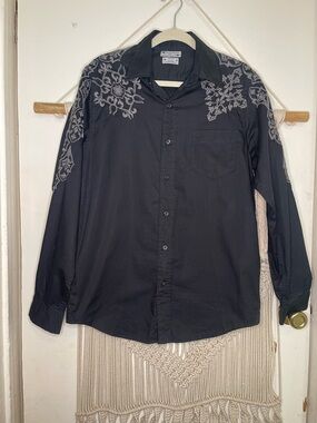 Lucky Brand Men's Small Western Embroidered Snap Button-Up Shirt Cotton Black